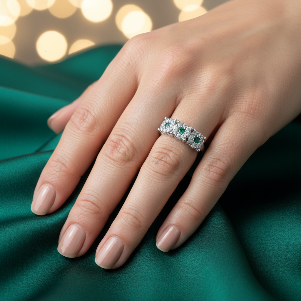 Anello Trilogy Magic in Argento 925 con pietre verdi Gioiello Elegante con Design Brillante e Dettagli Intricati
