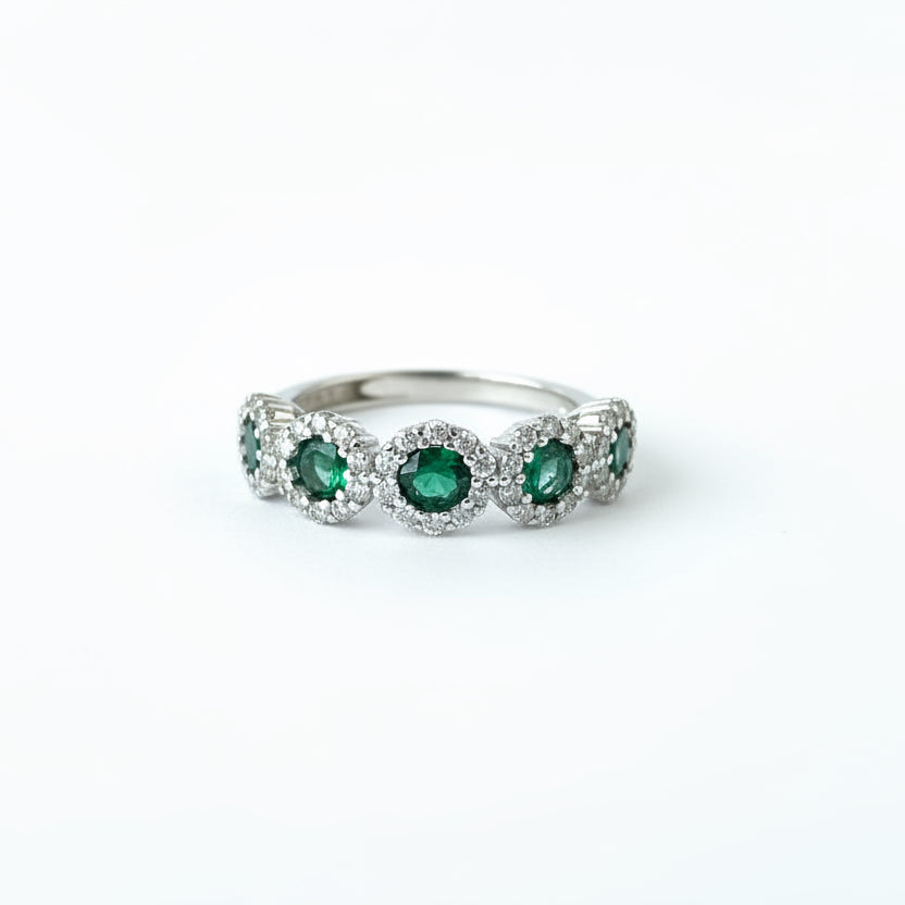 Anello veretta a fior di luce in argento 925 con pietre centrali verdi