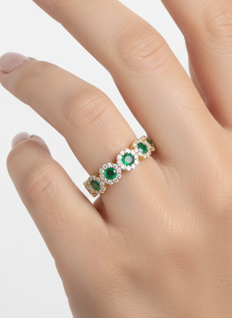 Anello veretta a fior di luce in argento 925 con pietre centrali verdi