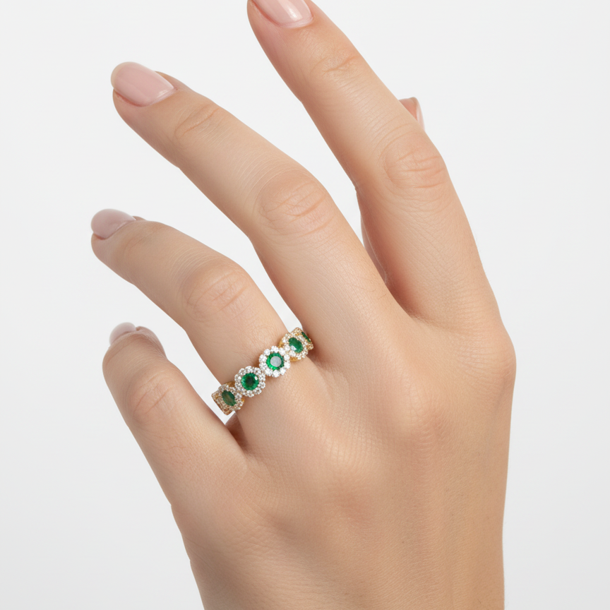 Anello veretta a fior di luce in argento 925 con pietre centrali verdi