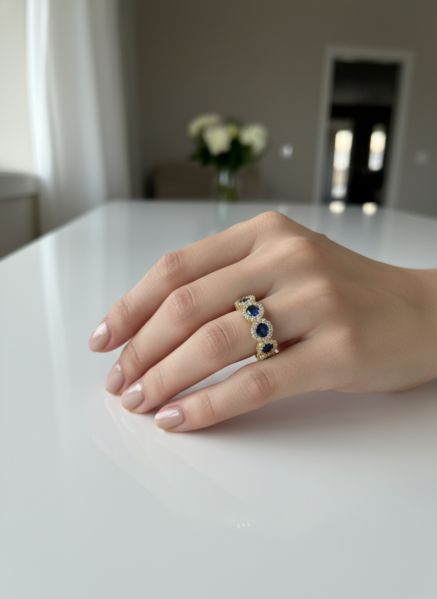 Anello veretta a fior di luce in argento 925 con pietre centrali blu