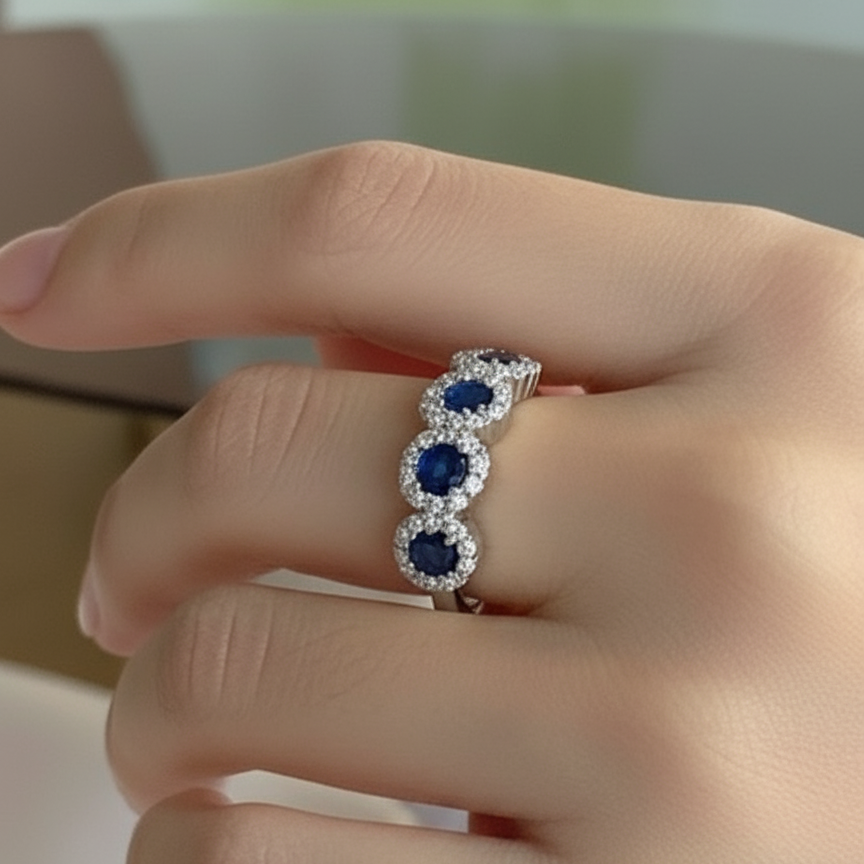 Anello veretta a fior di luce in argento 925 con pietre centrali blu