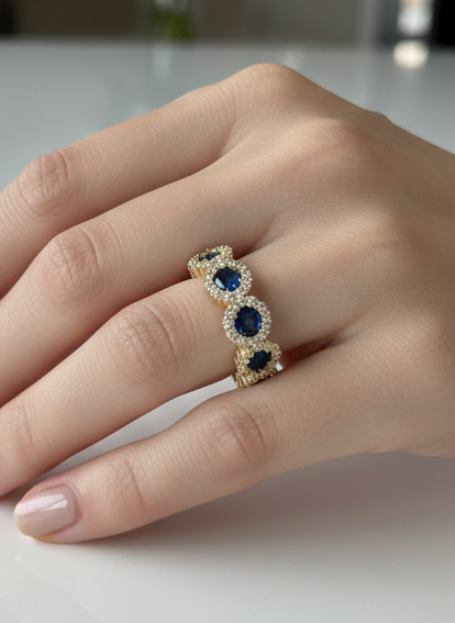 Anello veretta a fior di luce in argento 925 con pietre centrali blu