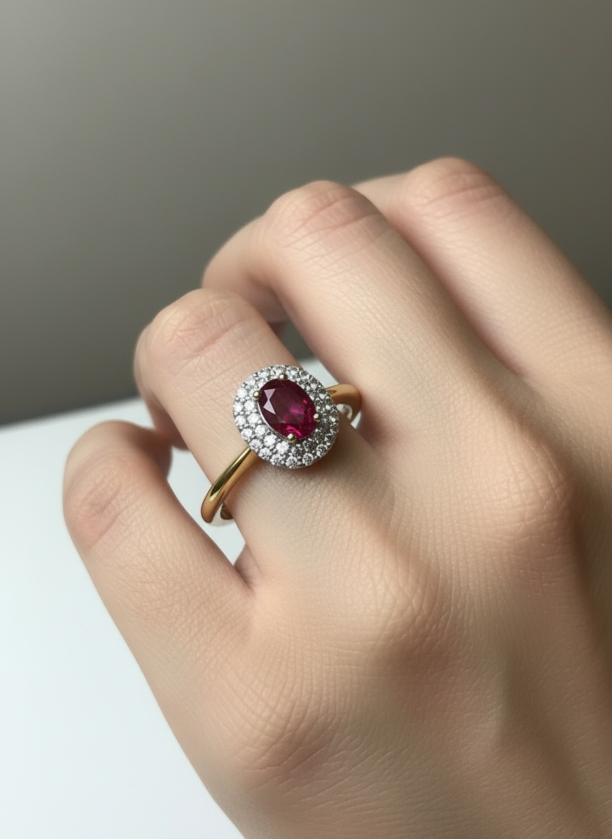 Anello Incanto in argento 925 con doppio giro di zirconi luminosi e pietra ovale rosso Ruby