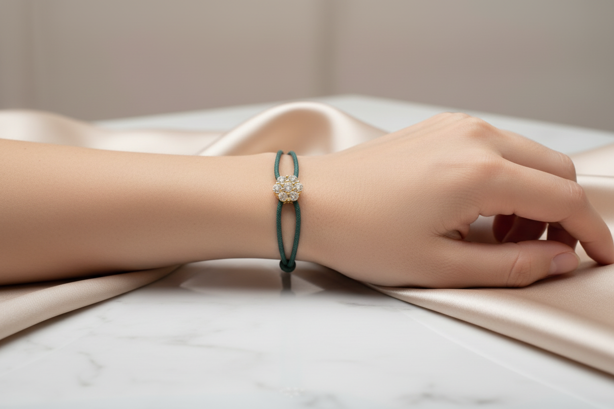 Bracciale Lumière verde foresta con fiore in argento 925 e zirconi bianchi
