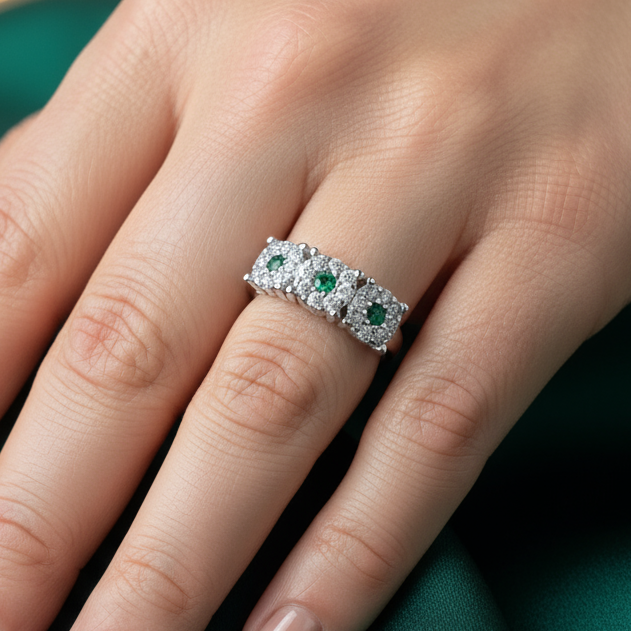 Anello Trilogy Magic in Argento 925 con pietre verdi Gioiello Elegante con Design Brillante e Dettagli Intricati