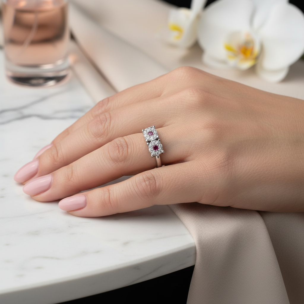 Anello Trilogy Magic con pietre rosse in Argento 925 Gioiello Elegante con Design Brillante e Dettagli Intricati