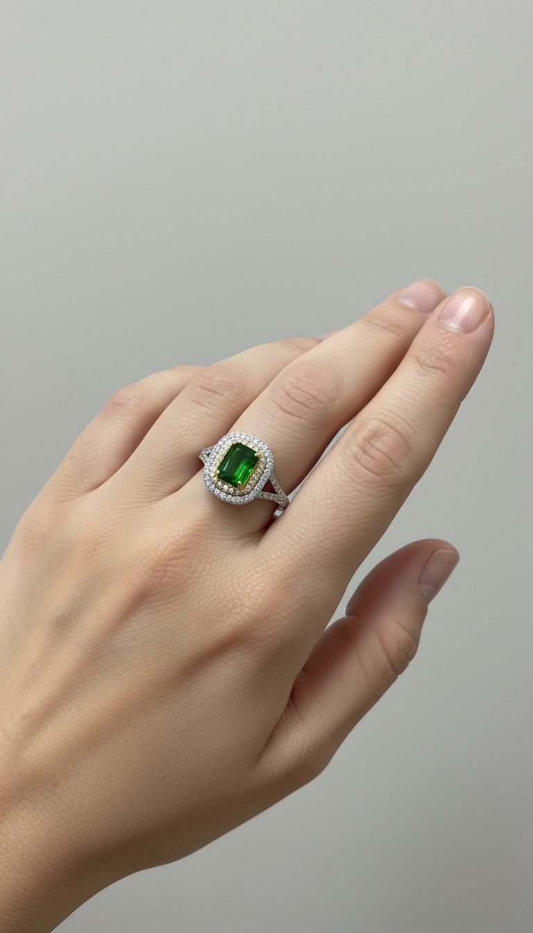 Anello Queen in argento 925 con cuscino di pietre bianche e centrale di colore Verde