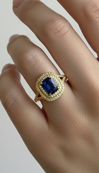 Anello Queen in argento 925 con cuscino di pietre bianche e centrale di colore blu