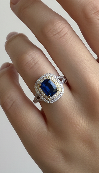 Anello Queen in argento 925 con cuscino di pietre bianche e centrale di colore blu