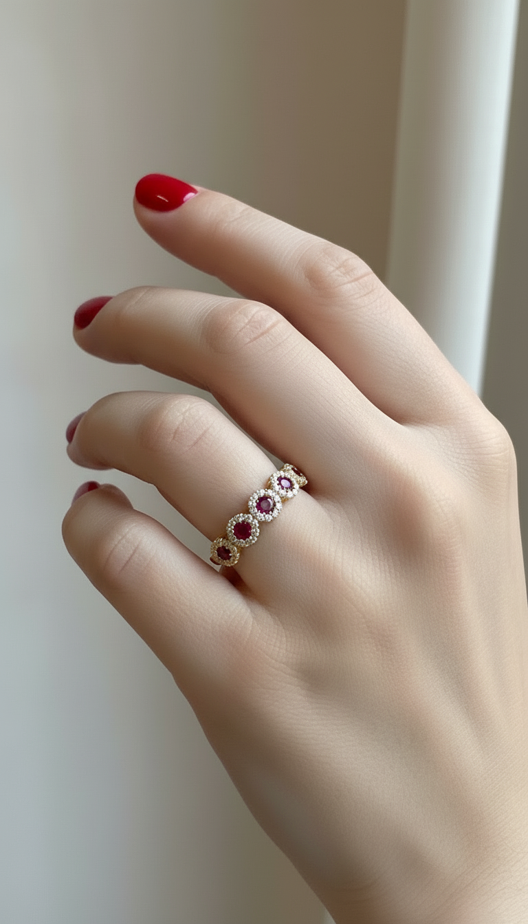 Anello veretta a fior di luce in argento 925 con pietre centrali rosse