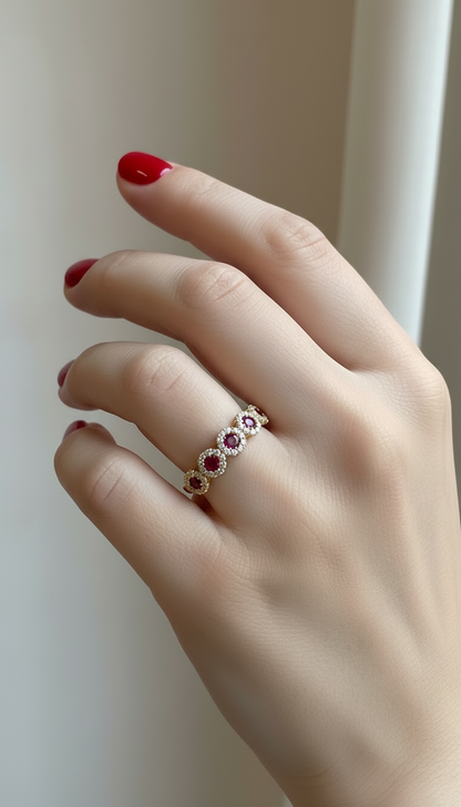 Anello veretta a fior di luce in argento 925 con pietre centrali rosse