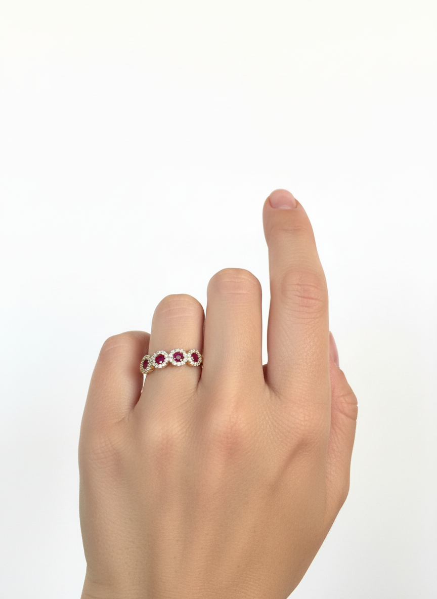 Anello veretta a fior di luce in argento 925 con pietre centrali rosse