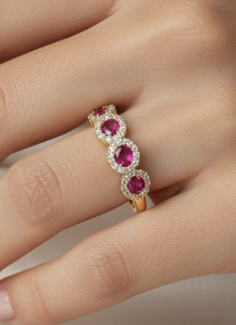 Anello veretta a fior di luce in argento 925 con pietre centrali rosse