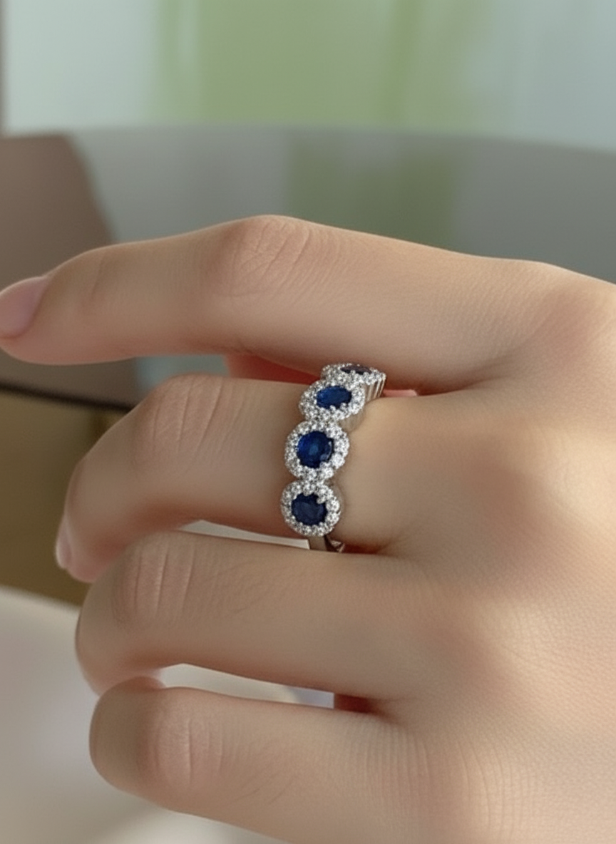 Anello veretta a fior di luce in argento 925 con pietre centrali blu