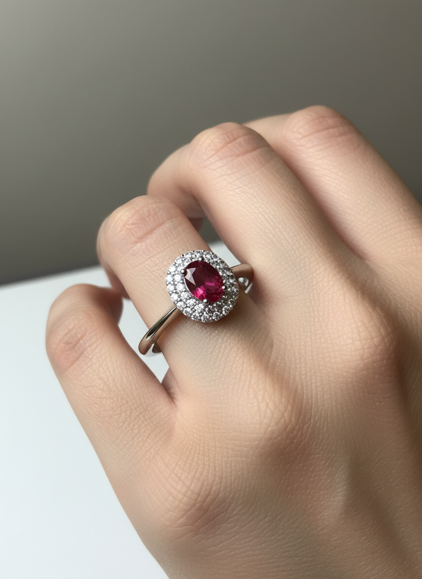 Anello Incanto in argento 925 con doppio giro di zirconi luminosi e pietra ovale rosso Ruby