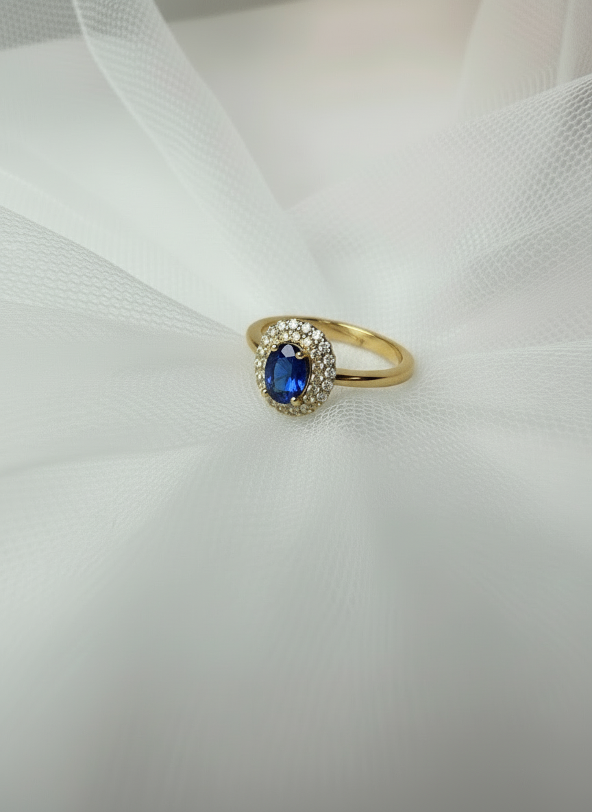 Anello Incanto in argento 925 con doppio giro di zirconi luminosi e pietra ovale blu zaffy