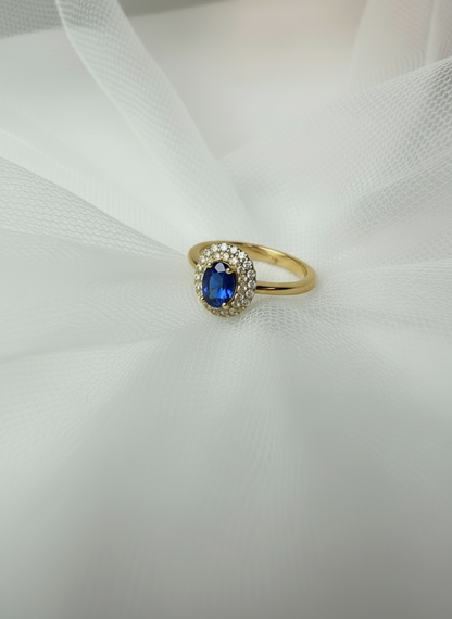 Anello Incanto in argento 925 con doppio giro di zirconi luminosi e pietra ovale blu zaffy