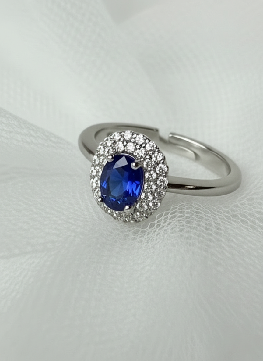 Anello Incanto in argento 925 con doppio giro di zirconi luminosi e pietra ovale blu zaffy