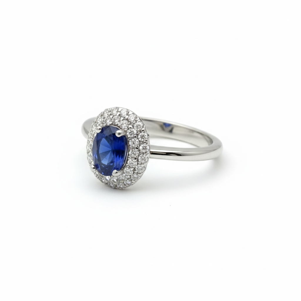 Anello Incanto in argento 925 con doppio giro di zirconi luminosi e pietra ovale blu zaffy