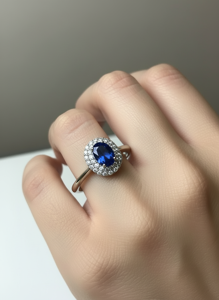 Anello Incanto in argento 925 con doppio giro di zirconi luminosi e pietra ovale blu zaffy