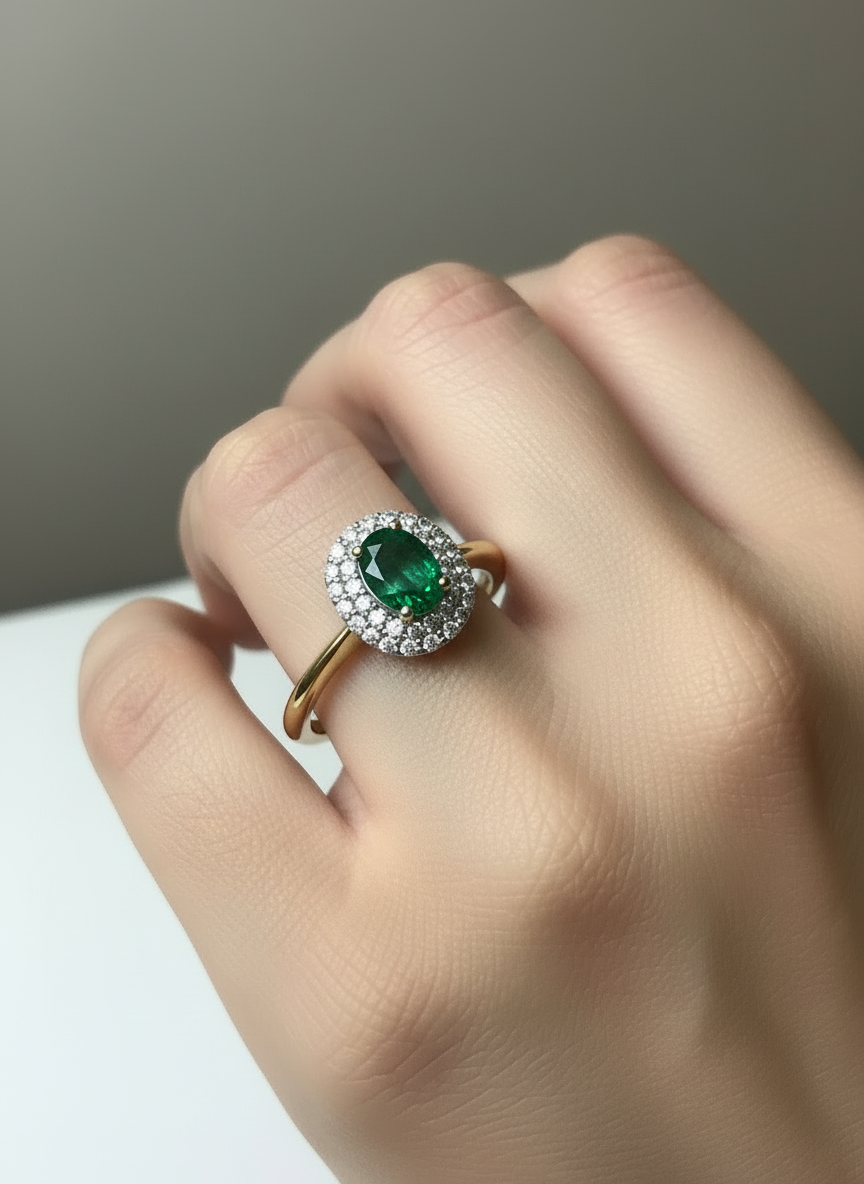 Anello Incanto in argento 925 con doppio giro di zirconi luminosi e pietra ovale verde smer