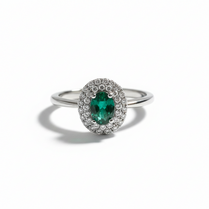 Anello Incanto in argento 925 con doppio giro di zirconi luminosi e pietra ovale verde smer