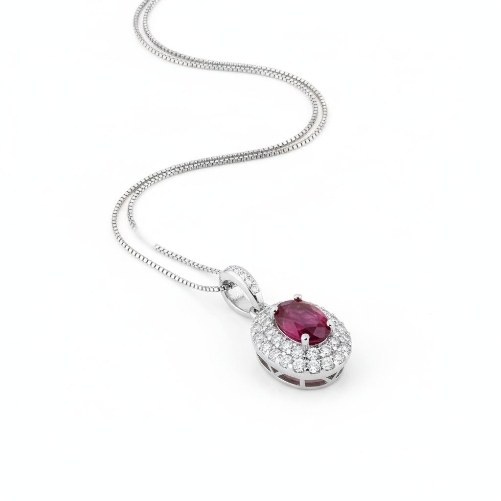 Collana Incanto in argento 925 con ciondolo doppio giro di zirconi luminosi e pietra ovale Ruby