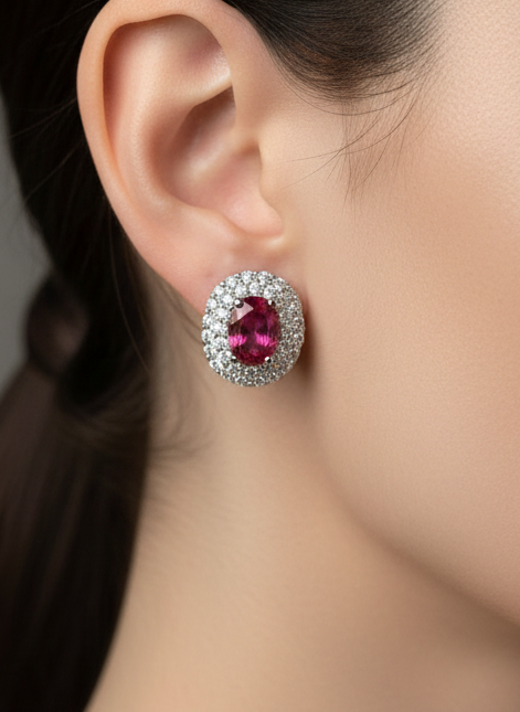 Orecchini Incanto in argento 925 con doppio giro di zirconi luminosi e pietra ovale Ruby