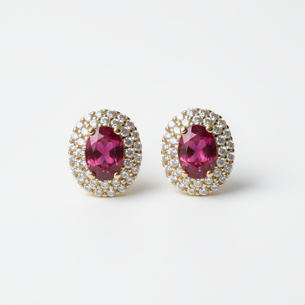 Orecchini Incanto in argento 925 con doppio giro di zirconi luminosi e pietra ovale Ruby