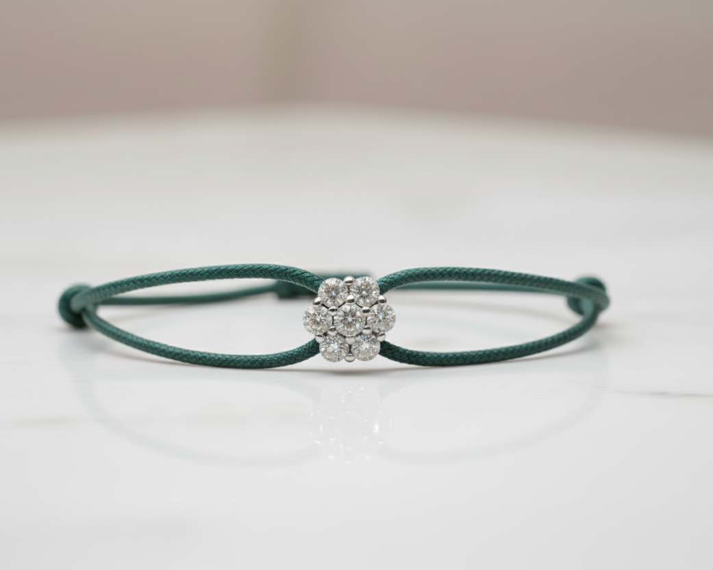 Bracciale Lumière verde foresta con fiore in argento 925 e zirconi bianchi