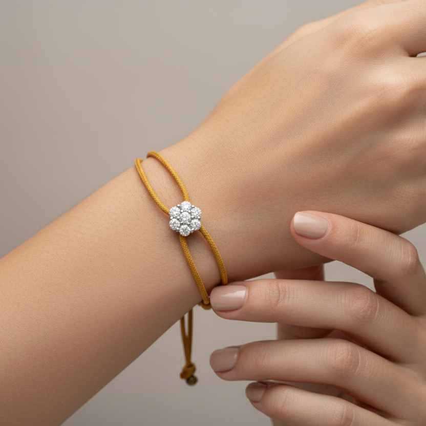 Bracciale Lumière giallo ocra con fiore in argento 925 e zirconi bianchi