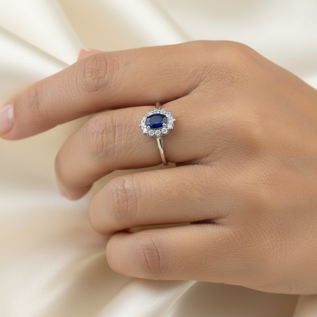 Anello Kate in argento 925 con ovale in zaffiro blu sintetico e contorno con zirconi bianchi